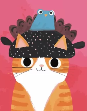 Ginger Cat with Bird Hat - Paint by Numbers